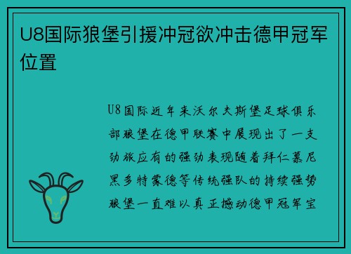 U8国际狼堡引援冲冠欲冲击德甲冠军位置